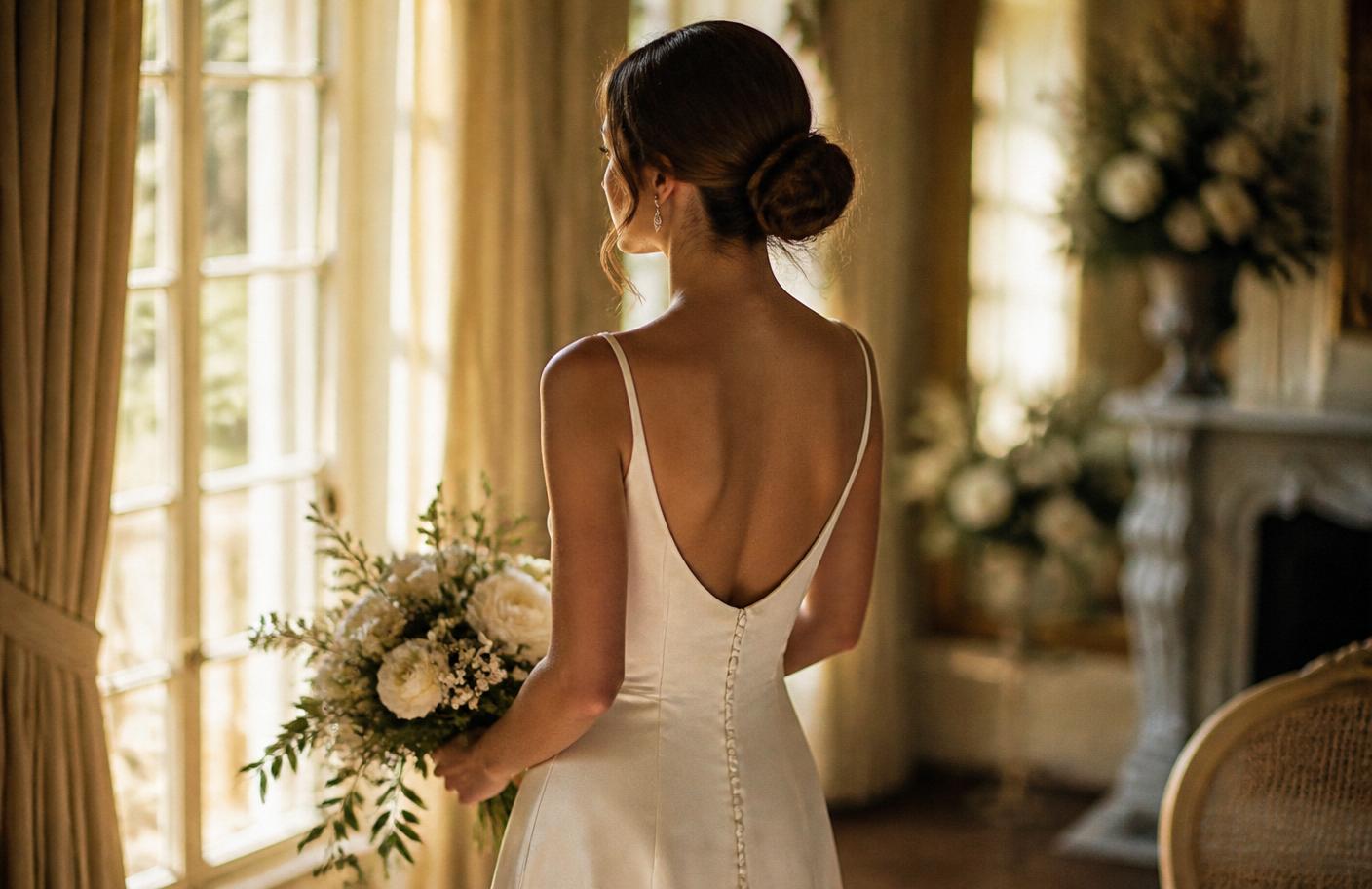 Bride holding a bouquet in soft window light at a wedding venue